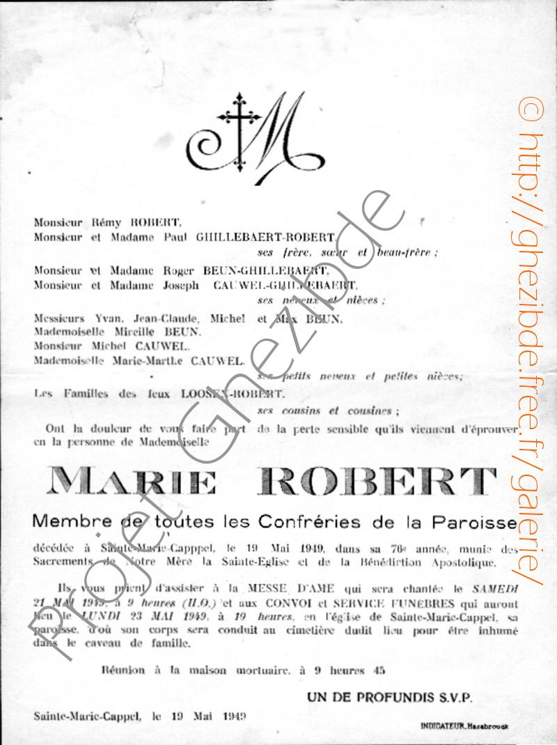 Marie ROBERT, décédée à Saint-Sylvestre-Cappel, le 19 Mai 1949 (76 ans).